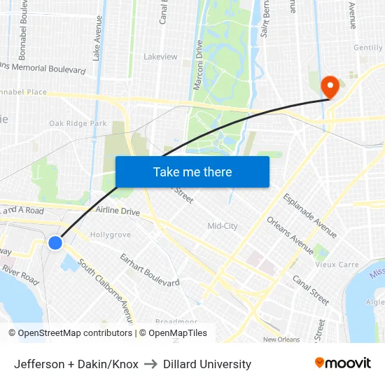 Jefferson + Dakin/Knox to Dillard University map