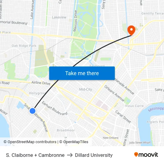 S. Claiborne + Cambronne to Dillard University map