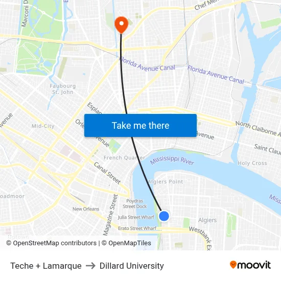 Teche + Lamarque to Dillard University map