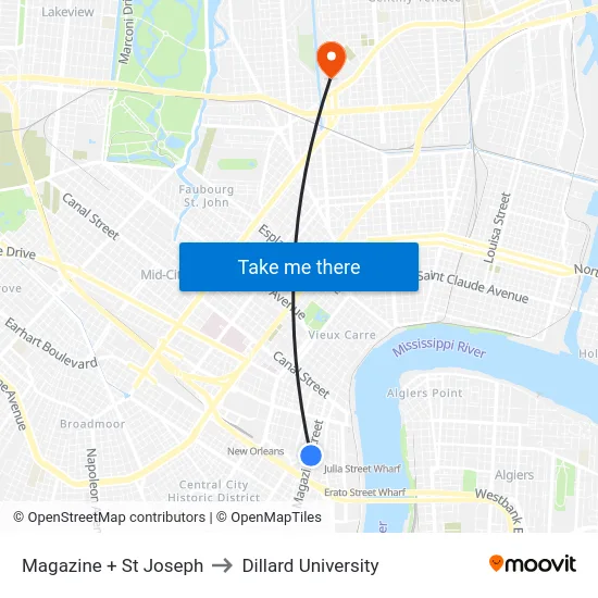 Magazine + St Joseph to Dillard University map