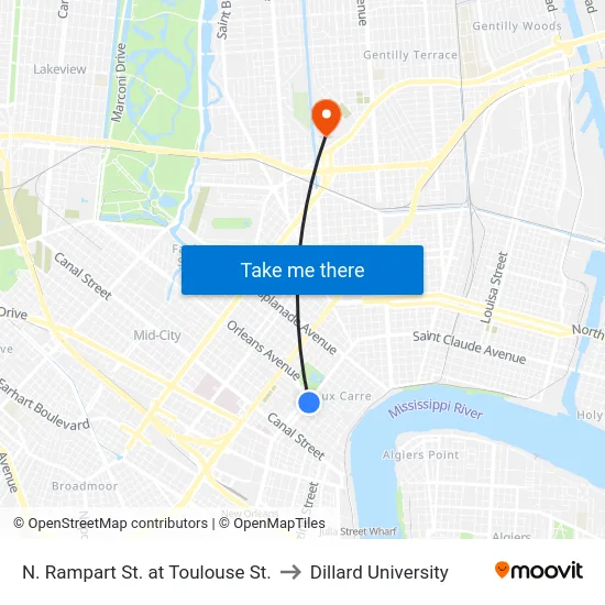 N. Rampart St. at Toulouse St. to Dillard University map