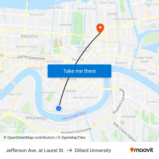 Jefferson Ave. at Laurel St. to Dillard University map