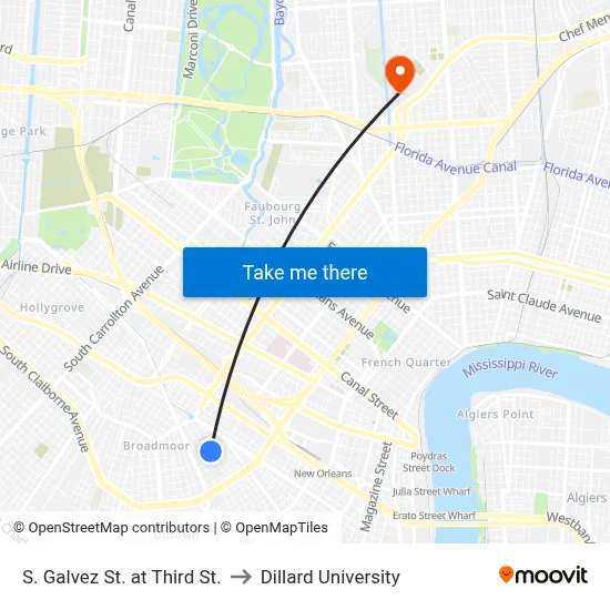 S. Galvez St. at Third St. to Dillard University map