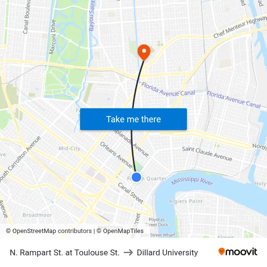 N. Rampart St. at Toulouse St. to Dillard University map