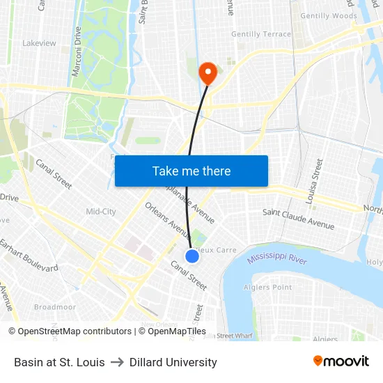 Basin at St. Louis to Dillard University map