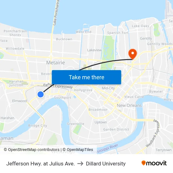 Jefferson Hwy. at Julius Ave. to Dillard University map