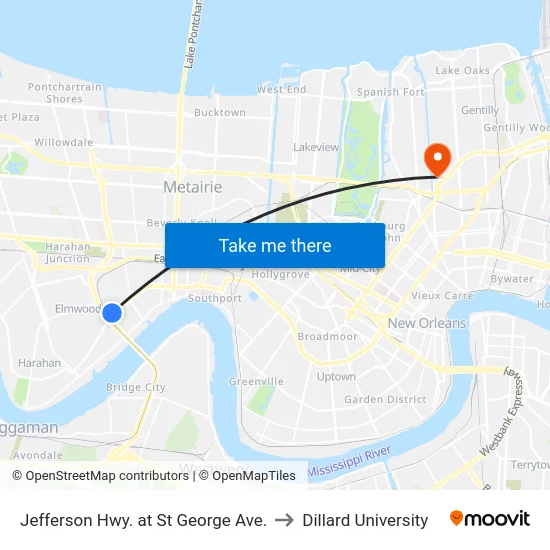 Jefferson Hwy. at St George Ave. to Dillard University map