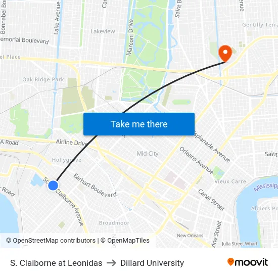 S. Claiborne at Leonidas to Dillard University map