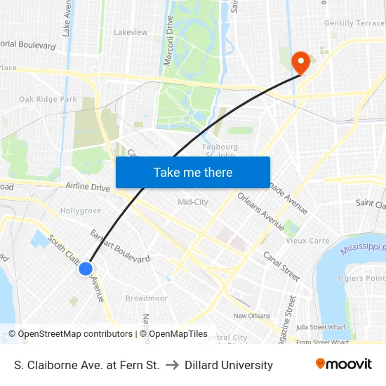 S. Claiborne Ave. at Fern St. to Dillard University map