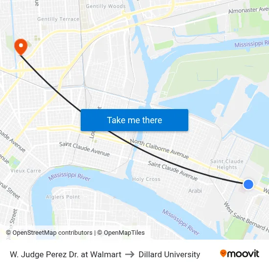 W. Judge Perez Dr. at Walmart to Dillard University map