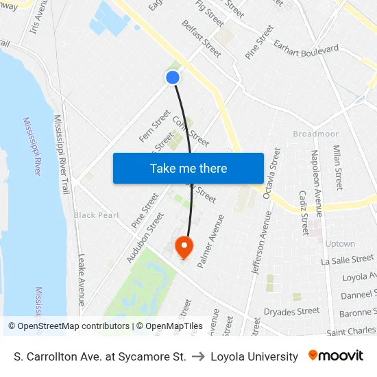 S. Carrollton Ave. at Sycamore St. to Loyola University map