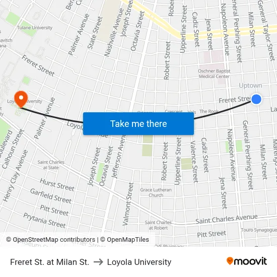 Freret St. at Milan St. to Loyola University map