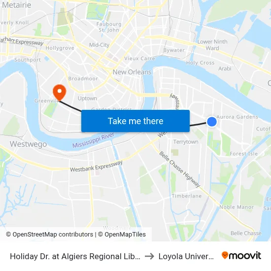 Holiday Dr. at Algiers Regional Library to Loyola University map