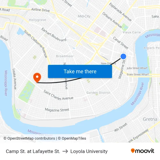 Camp St. at Lafayette St. to Loyola University map