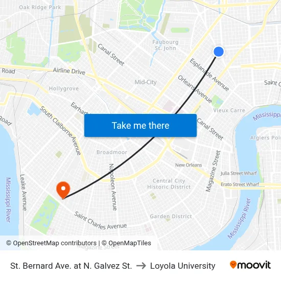 St. Bernard Ave. at N. Galvez St. to Loyola University map