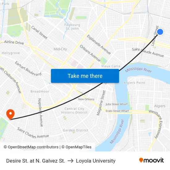 Desire St. at N. Galvez St. to Loyola University map