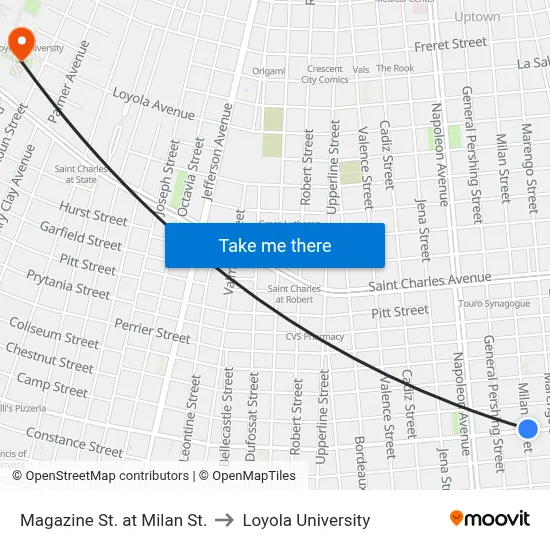 Magazine St. at Milan St. to Loyola University map