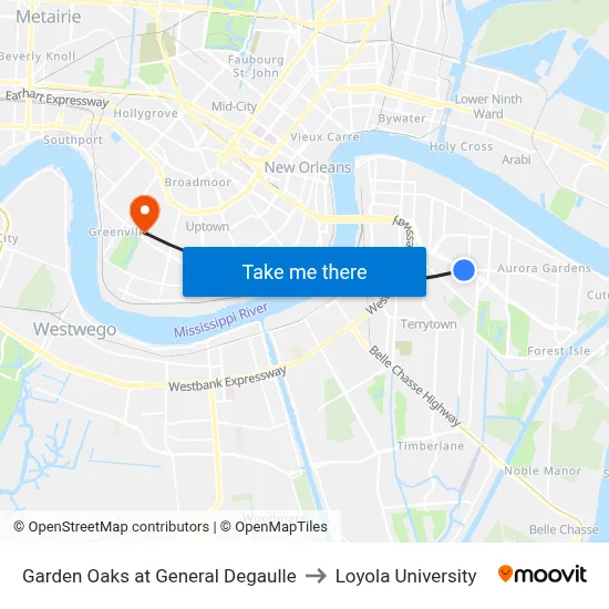 Garden Oaks at General Degaulle to Loyola University map