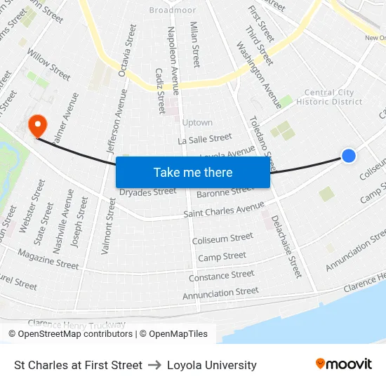 St Charles at First Street to Loyola University map