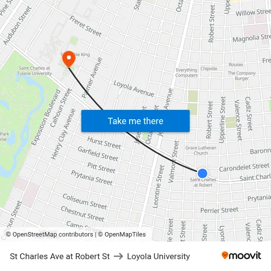 St Charles Ave at Robert St to Loyola University map