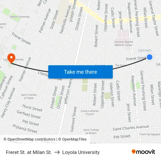 Freret St. at Milan St. to Loyola University map