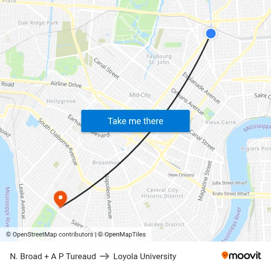 N. Broad + A P Tureaud to Loyola University map