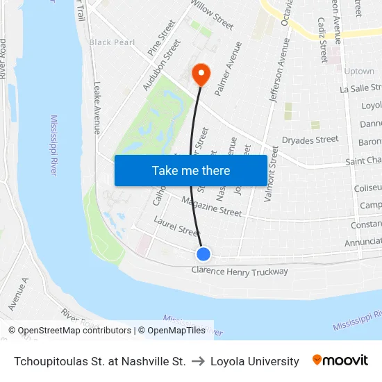 Tchoupitoulas St. at Nashville St. to Loyola University map