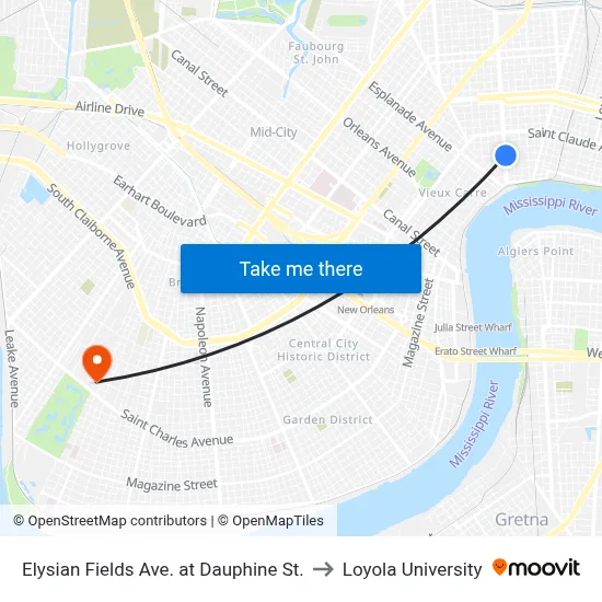 Elysian Fields Ave. at Dauphine St. to Loyola University map