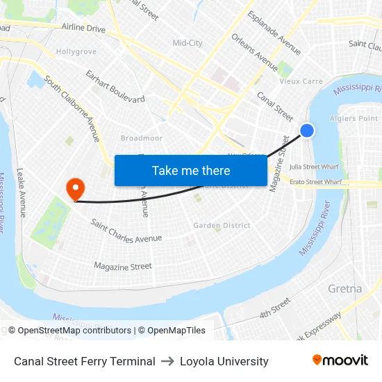 Canal Street Ferry Terminal to Loyola University map
