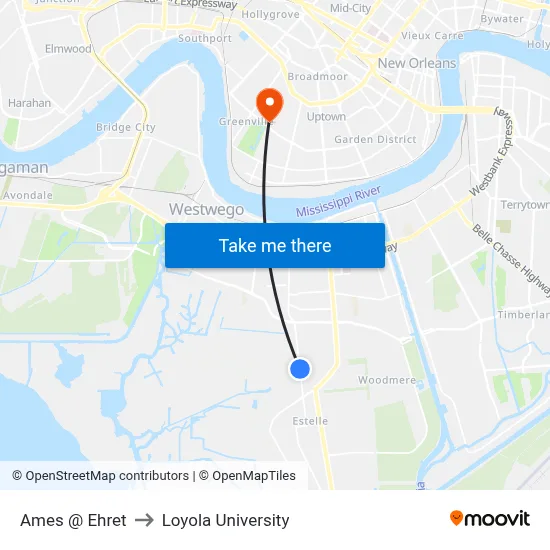 Ames @ Ehret to Loyola University map