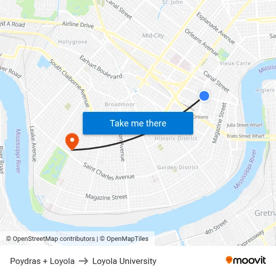 Poydras + Loyola to Loyola University map