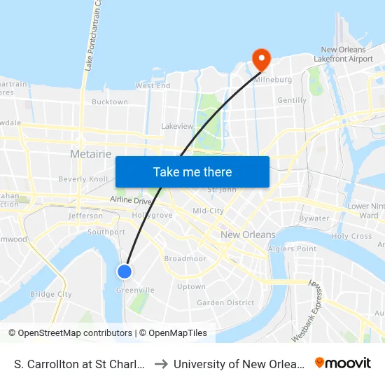 S. Carrollton at St Charles to University of New Orleans map