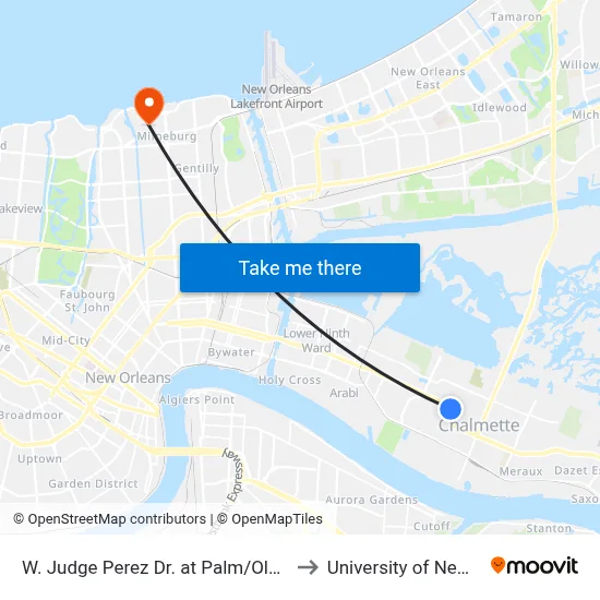 W. Judge Perez Dr. at Palm/Old Hickory Ave. to University of New Orleans map