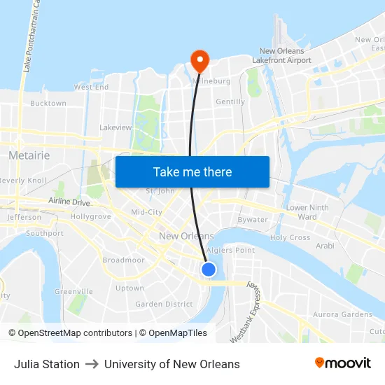 Julia Station to University of New Orleans map
