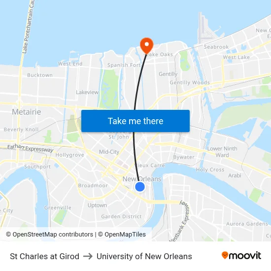 St Charles at Girod to University of New Orleans map