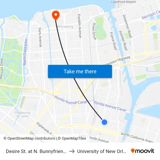 Desire St. at N. Bunnyfriend St. to University of New Orleans map