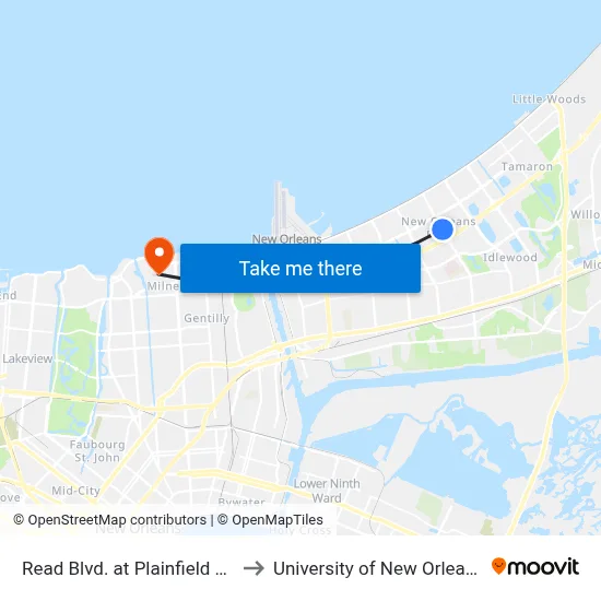 Read Blvd. at Plainfield Dr. to University of New Orleans map