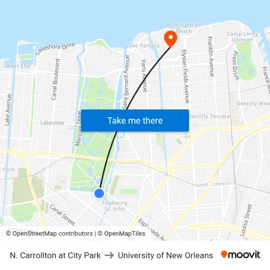N. Carrollton at City Park to University of New Orleans map