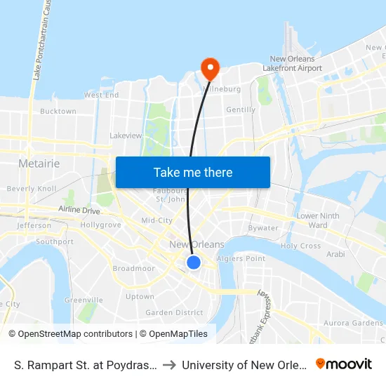 S. Rampart St. at Poydras St. to University of New Orleans map