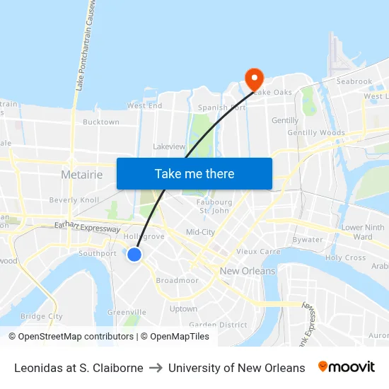 Leonidas at S. Claiborne to University of New Orleans map
