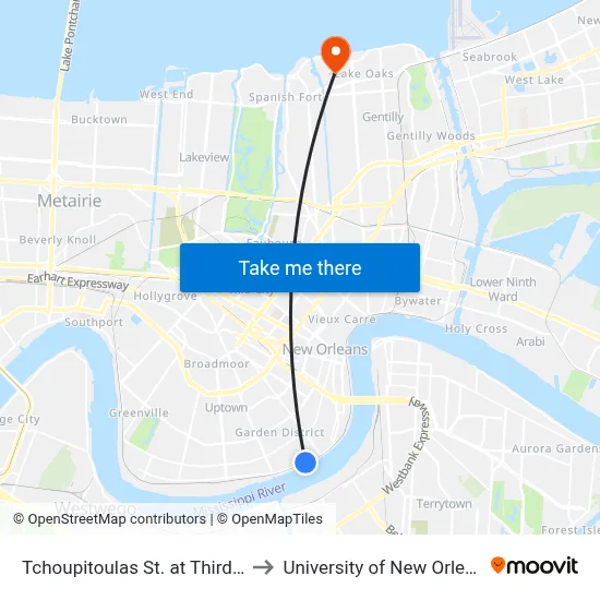 Tchoupitoulas St. at Third St. to University of New Orleans map