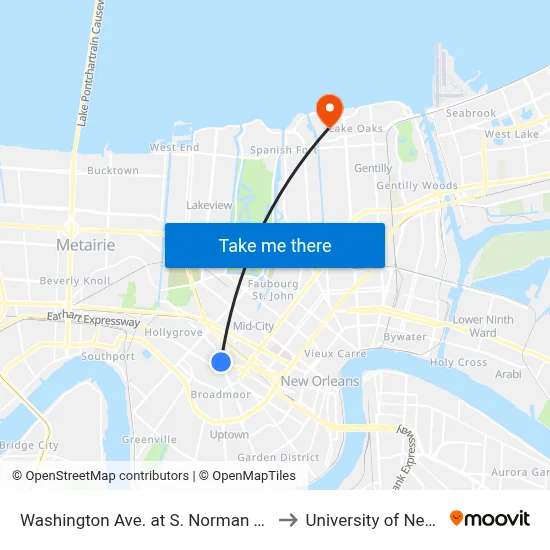 Washington Ave. at S. Norman C. Francis Pkwy. to University of New Orleans map