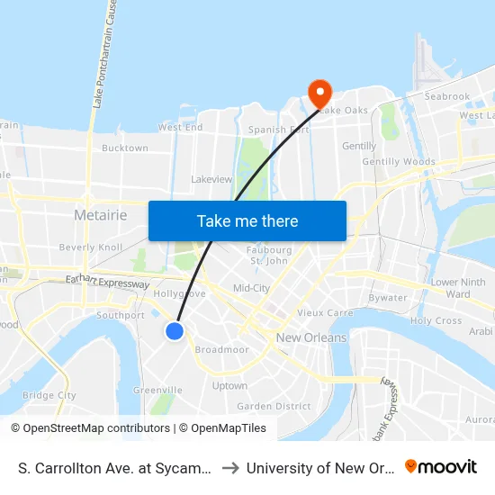 S. Carrollton Ave. at Sycamore St. to University of New Orleans map
