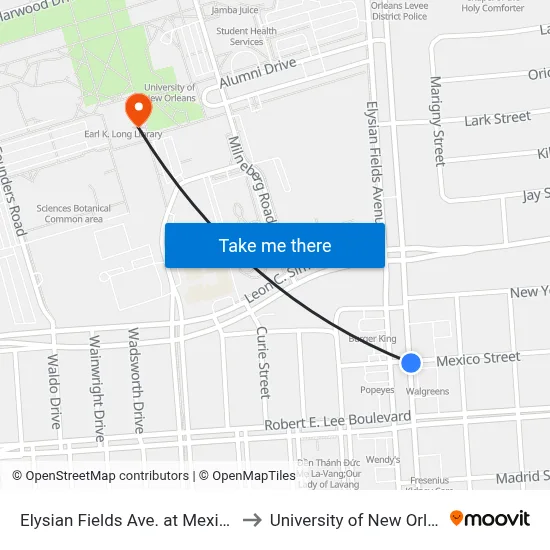 Elysian Fields Ave. at Mexico St. to University of New Orleans map