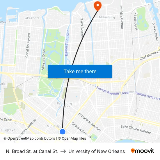 N. Broad St. at Canal St. to University of New Orleans map