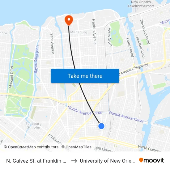 N. Galvez St. at Franklin Ave. to University of New Orleans map