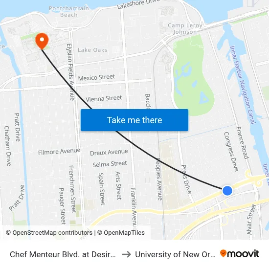 Chef Menteur Blvd. at Desire Pkwy to University of New Orleans map