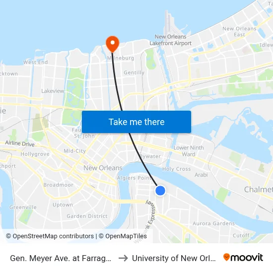 Gen. Meyer Ave. at Farragut St. to University of New Orleans map