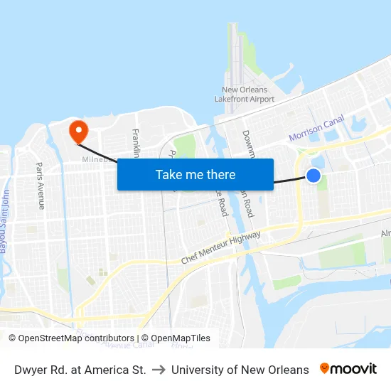 Dwyer Rd. at America St. to University of New Orleans map