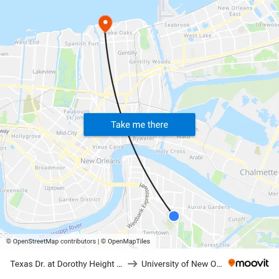 Texas Dr. at Dorothy Height Charter to University of New Orleans map